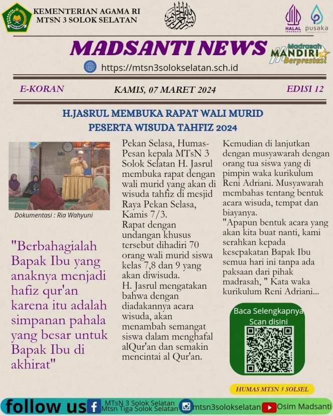 
					E-koran ‘Madsanti News’ edisi 12 MTsN 3 Solok Selatan