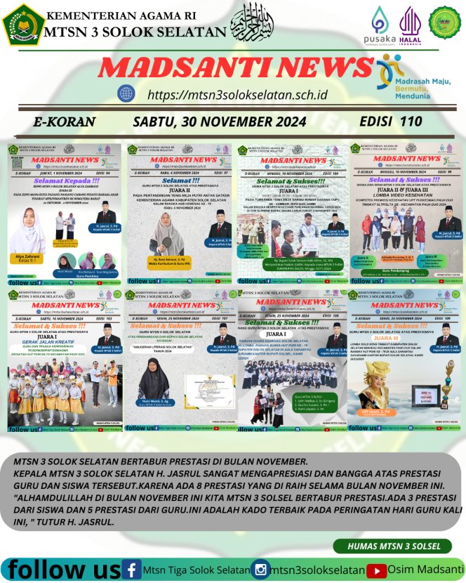 
					MTsN 3 Solok Selatan Bertabur Prestasi di Bulan November