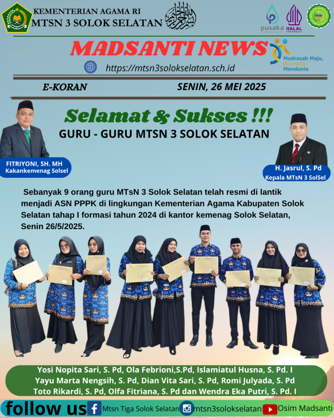 Sebanyak 9 orang guru MTsN 3 Solok Selatan menerima SK PPPK